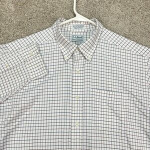 L.L. Bean Mens Tall 17 37 Brown White Plaid Button Down Shirt Long Sleeve Casual